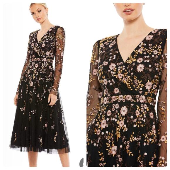 Mac Duggal 31503 Floral Embroidered Surplice V Neck Midi Dress Size 10 NWT - Picture 2 of 10